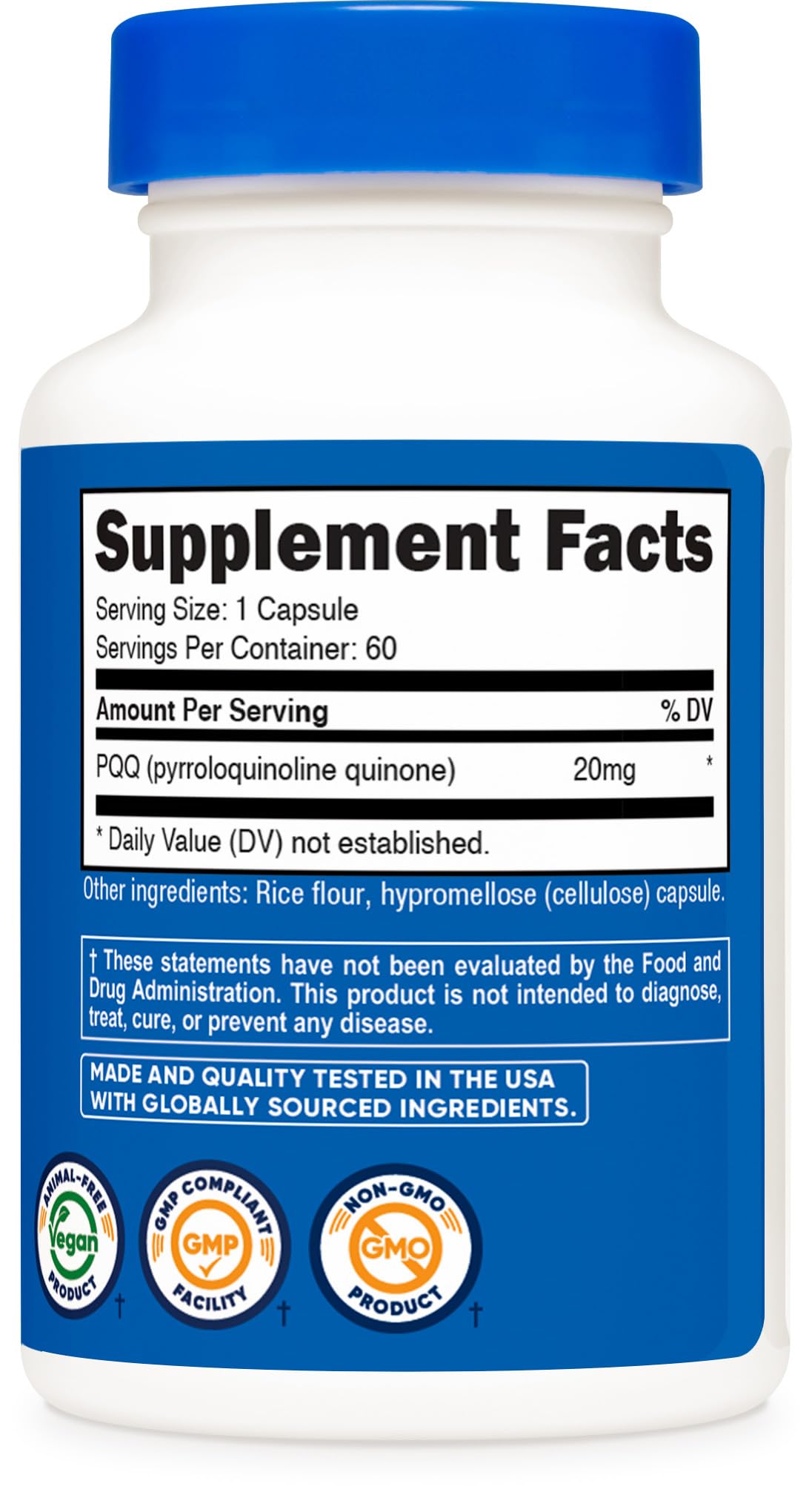 Nutricost PQQ premium imported capsule bottle showcasing mitochondrial function benefits
