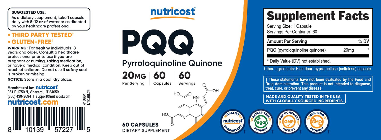 Nutricost Pyrroloquinoline Quinone 20mg packaging highlighting high quality standard manufacturing details