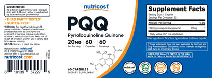 Nutricost Pyrroloquinoline Quinone 20mg packaging highlighting high quality standard manufacturing details
