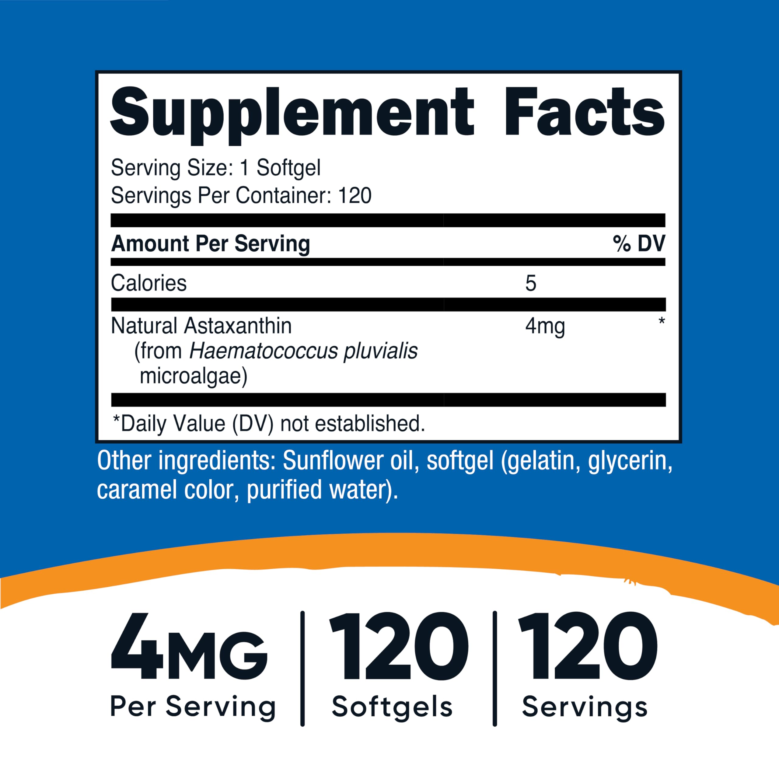 Nutricost Astaxanthin 4mg dietary supplement bottle showing non-GMO and gluten-free labels