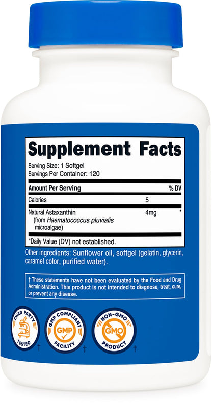 Nutricost Astaxanthin 4mg supplement facts panel detailing pure ingredients and standard dosage