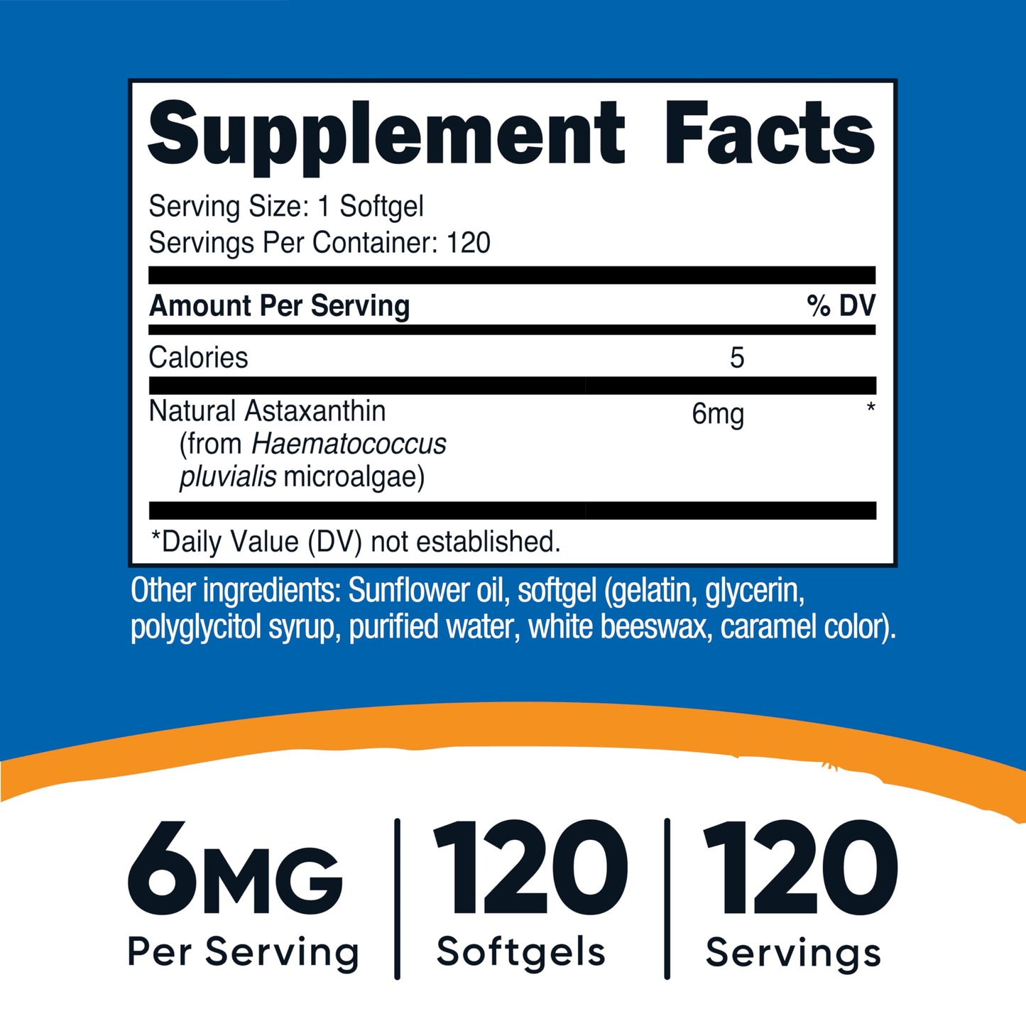 Nutricost Astaxanthin supplement label details displaying non-GMO gluten-free certifications and dietary facts.