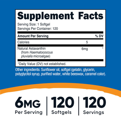 Nutricost Astaxanthin supplement label details displaying non-GMO gluten-free certifications and dietary facts.