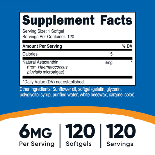 Nutricost Astaxanthin supplement label details displaying non-GMO gluten-free certifications and dietary facts.