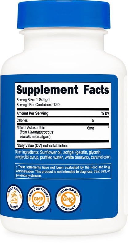 Side profile of Nutricost Astaxanthin 6 Milligrams premium packaging highlights for skin and eye health protection.