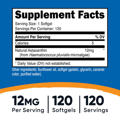 Nutricost Astaxanthin 12mg supplement facts and ingredient label details