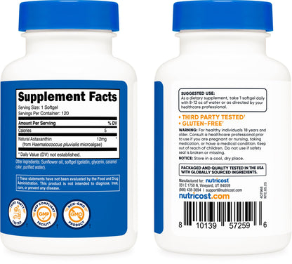 Nutricost Astaxanthin dietary supplement side view showing gluten free certified mark