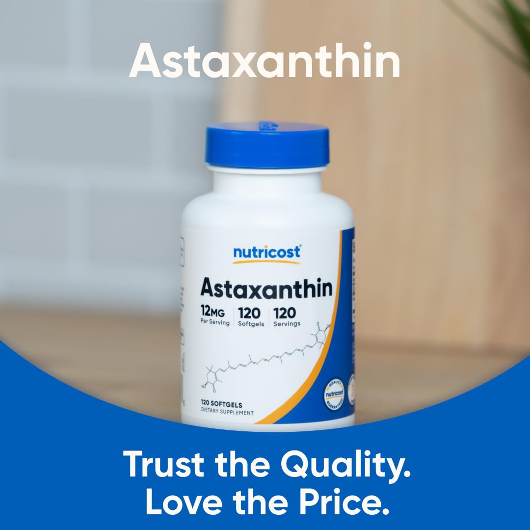 Nutricost Astaxanthin 12mg capsules pouring out of the bottle