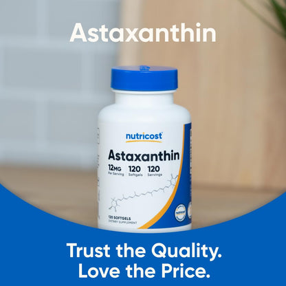 Nutricost Astaxanthin 12mg capsules pouring out of the bottle