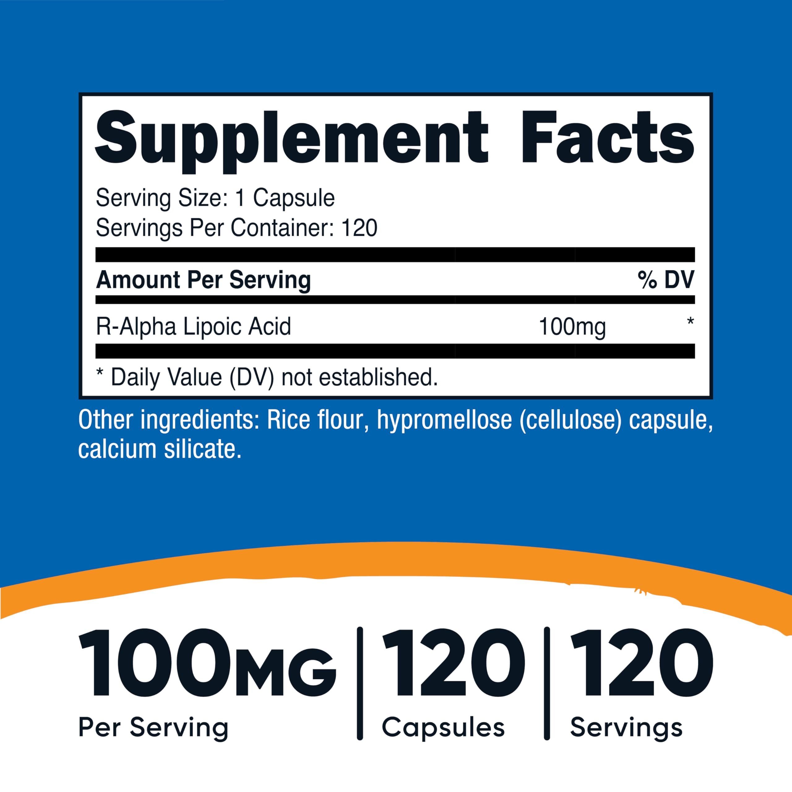 Nutricost R-ALA 100mg supplement label detailing the clean non-GMO and gluten-free formulation facts.