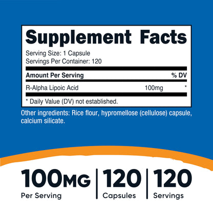 Nutricost R-ALA 100mg supplement label detailing the clean non-GMO and gluten-free formulation facts.