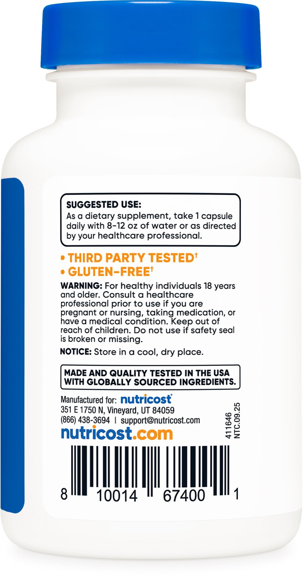 Nutricost R-Alpha Lipoic Acid container side view showing usage instructions