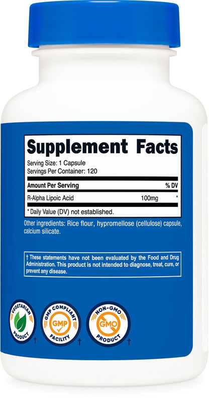 Nutricost R-Alpha Lipoic Acid 100mg dietary supplement showcasing authentic product sealing and barcode for verification.