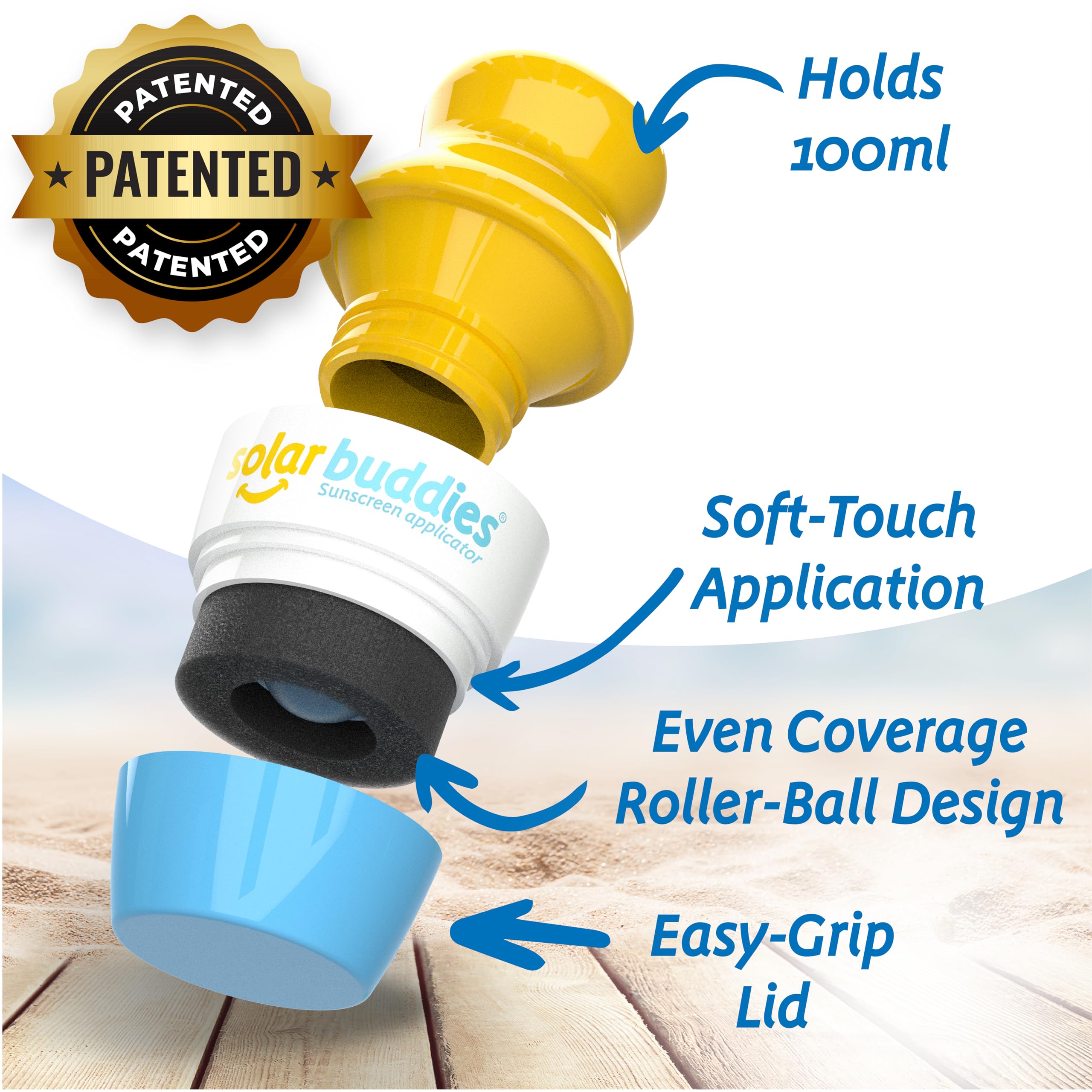 Solar Buddies sunscreen applicator showing sponge and roller ball tip