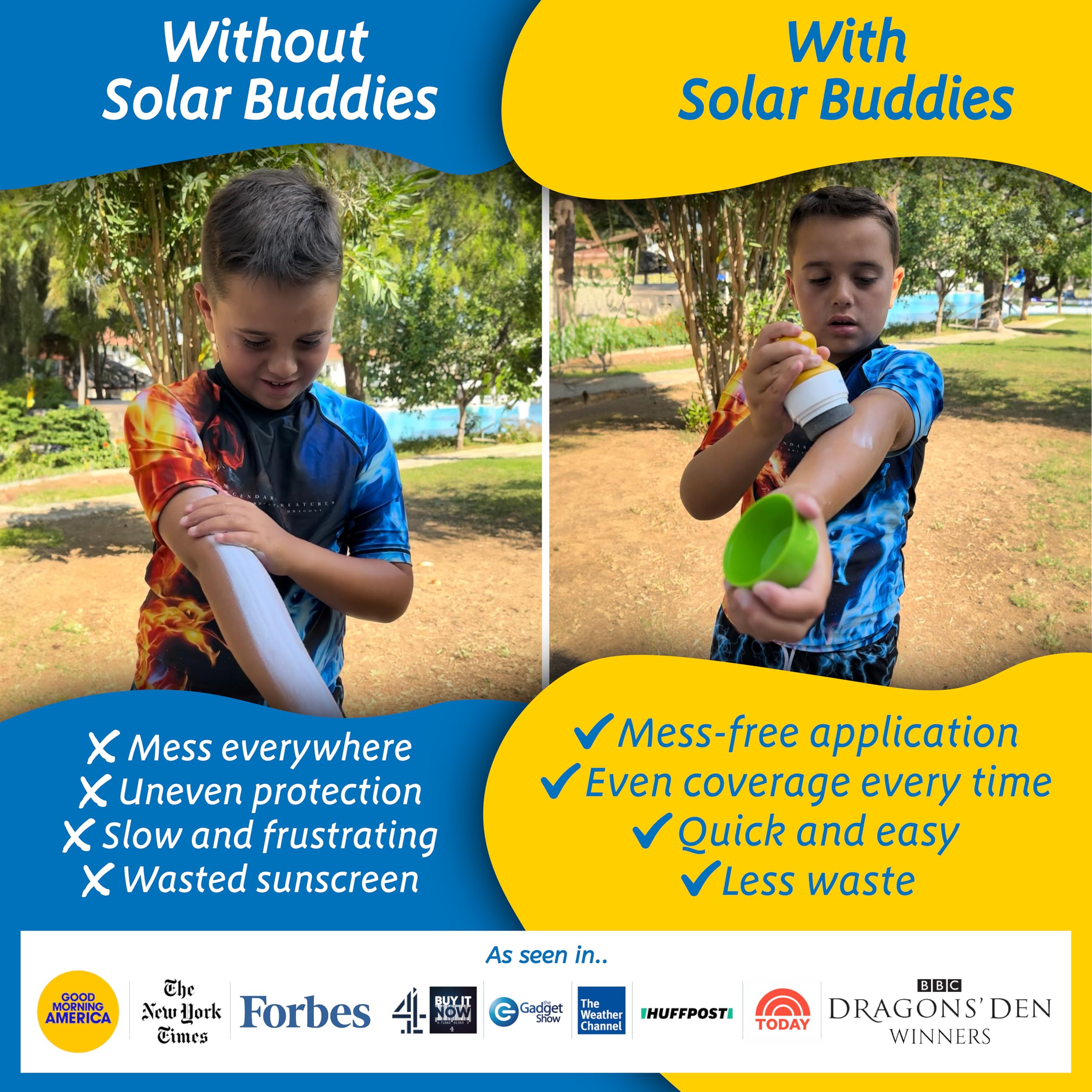 Side profile of Solar Buddies blue sunscreen dispenser