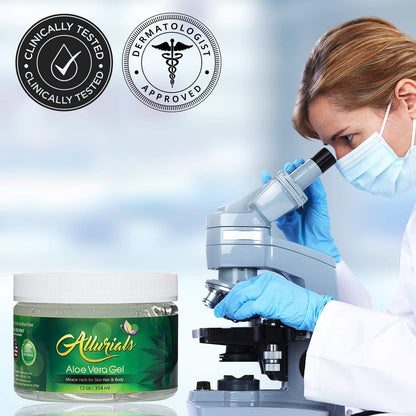 Close up of Allurials 12 fluid ounce aloe vera gel jar