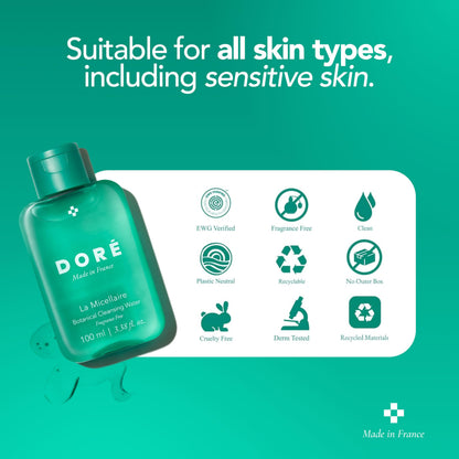 DorÃ© botanical cleansing water bottle on clean background highlighting ingredients