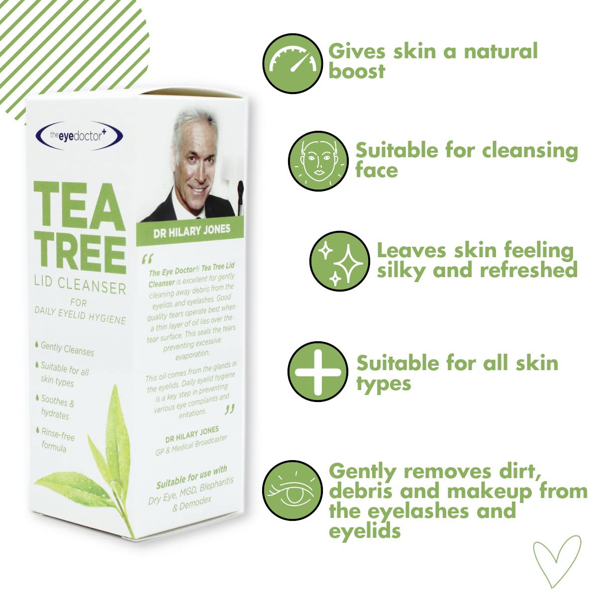 The Eye Doctor daily eyelid hygiene formula showing tea tree oil and micellar water ingredients.