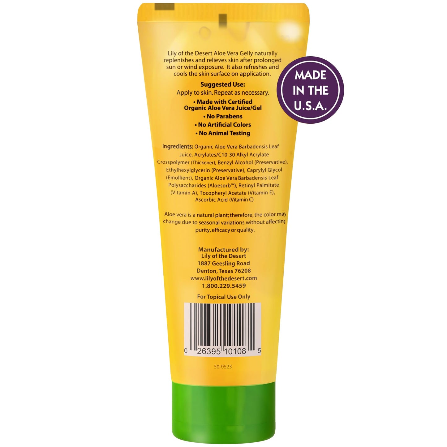 Two tubes of Lily Of The Desert 99 percent organic aloe vera gelly