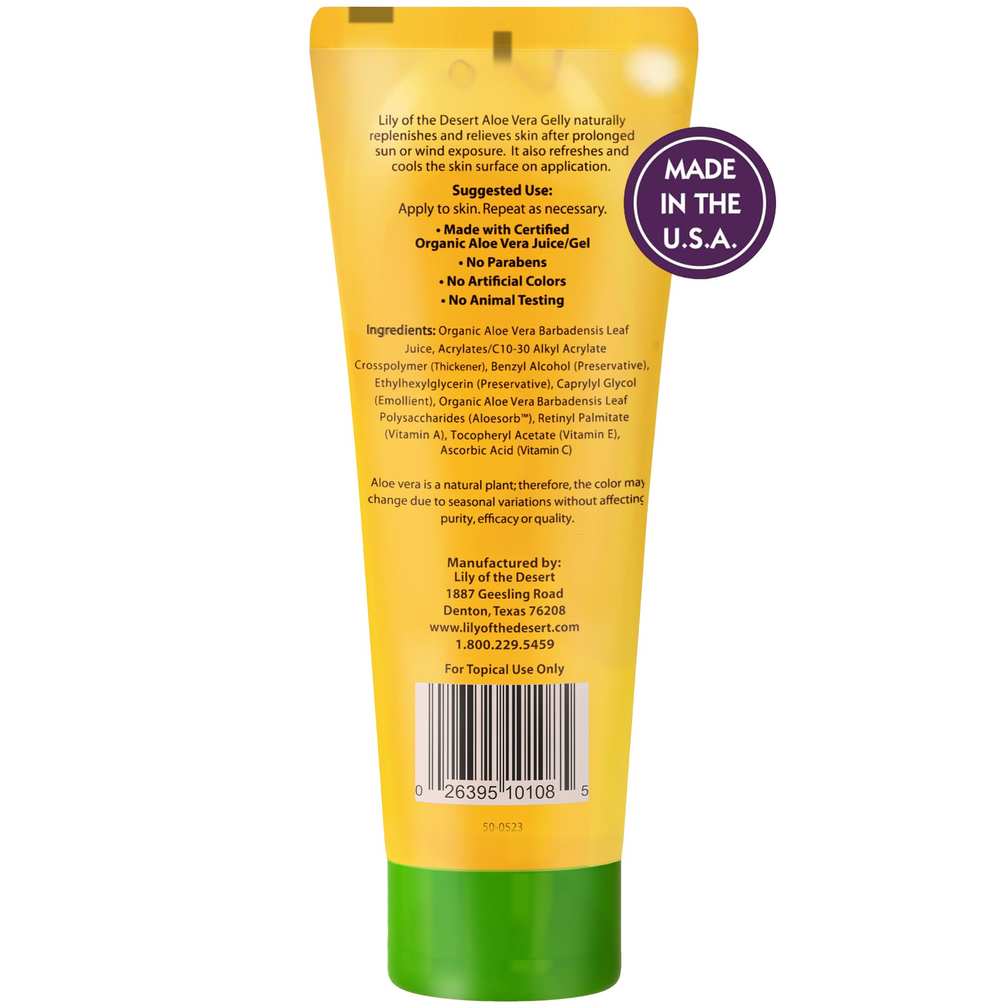 Two tubes of Lily Of The Desert 99 percent organic aloe vera gelly