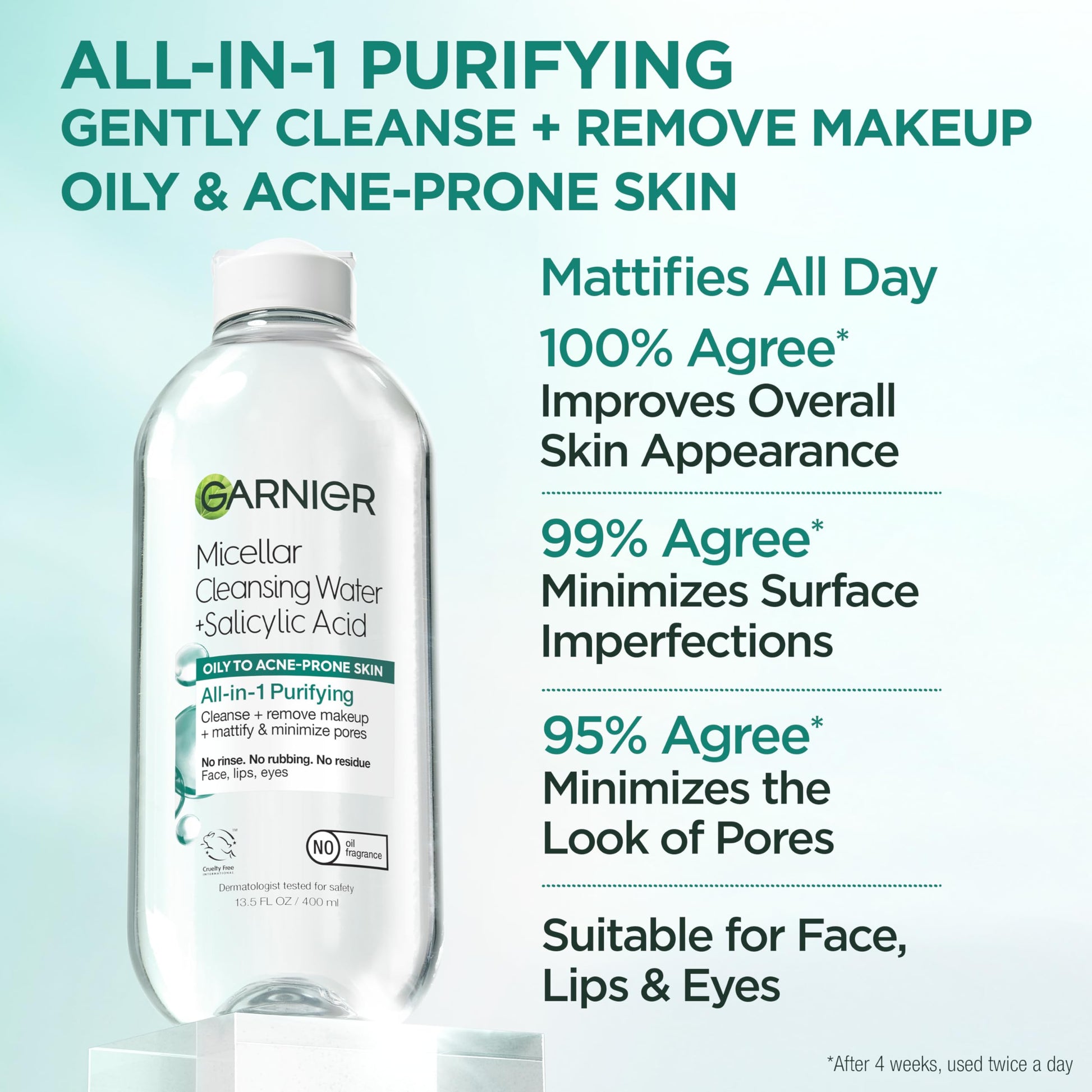 Garnier salicylic acid micellar water pack of two displaying the clear liquid formula and packaging