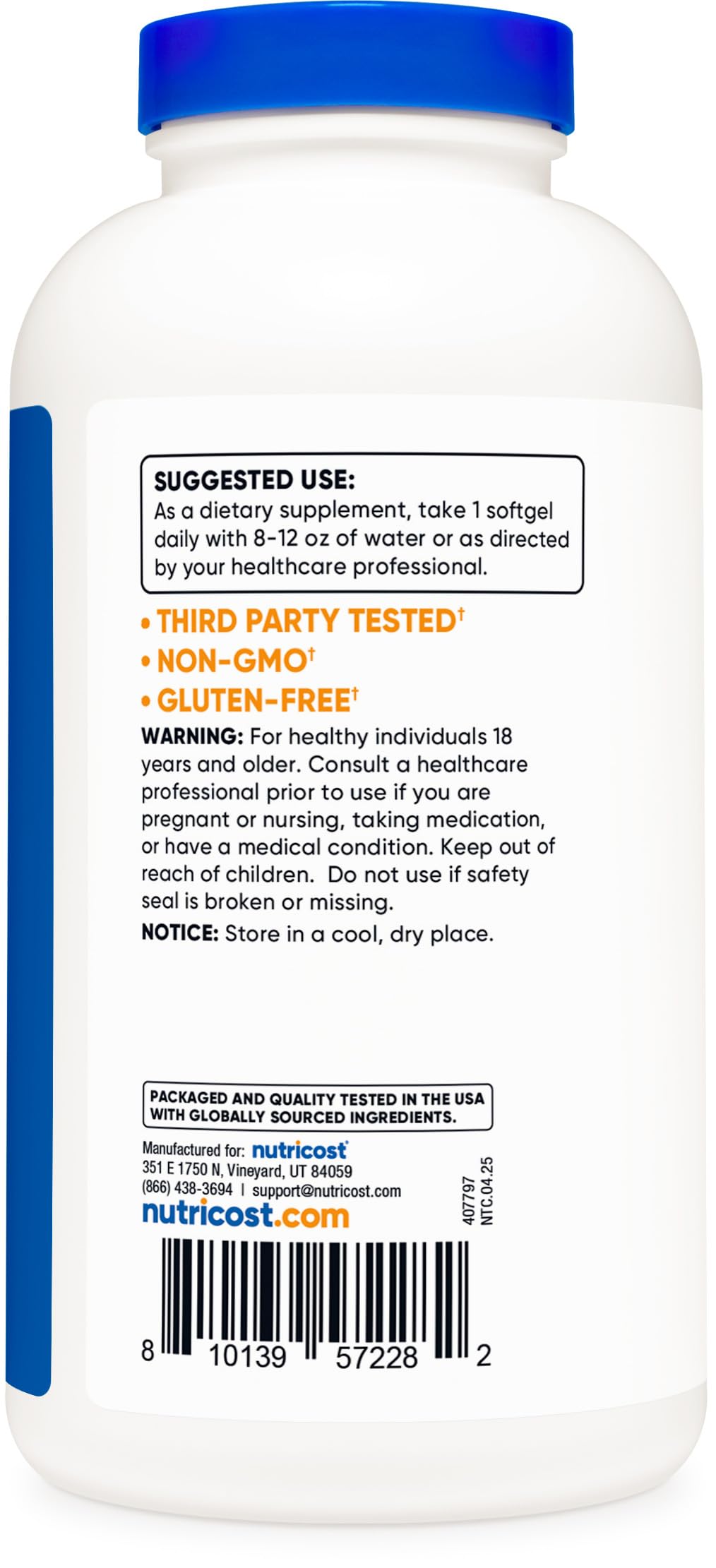 Nutricost non-GMO and gluten-free certifications visible on the side label of the 1000mg fish oil packaging.
