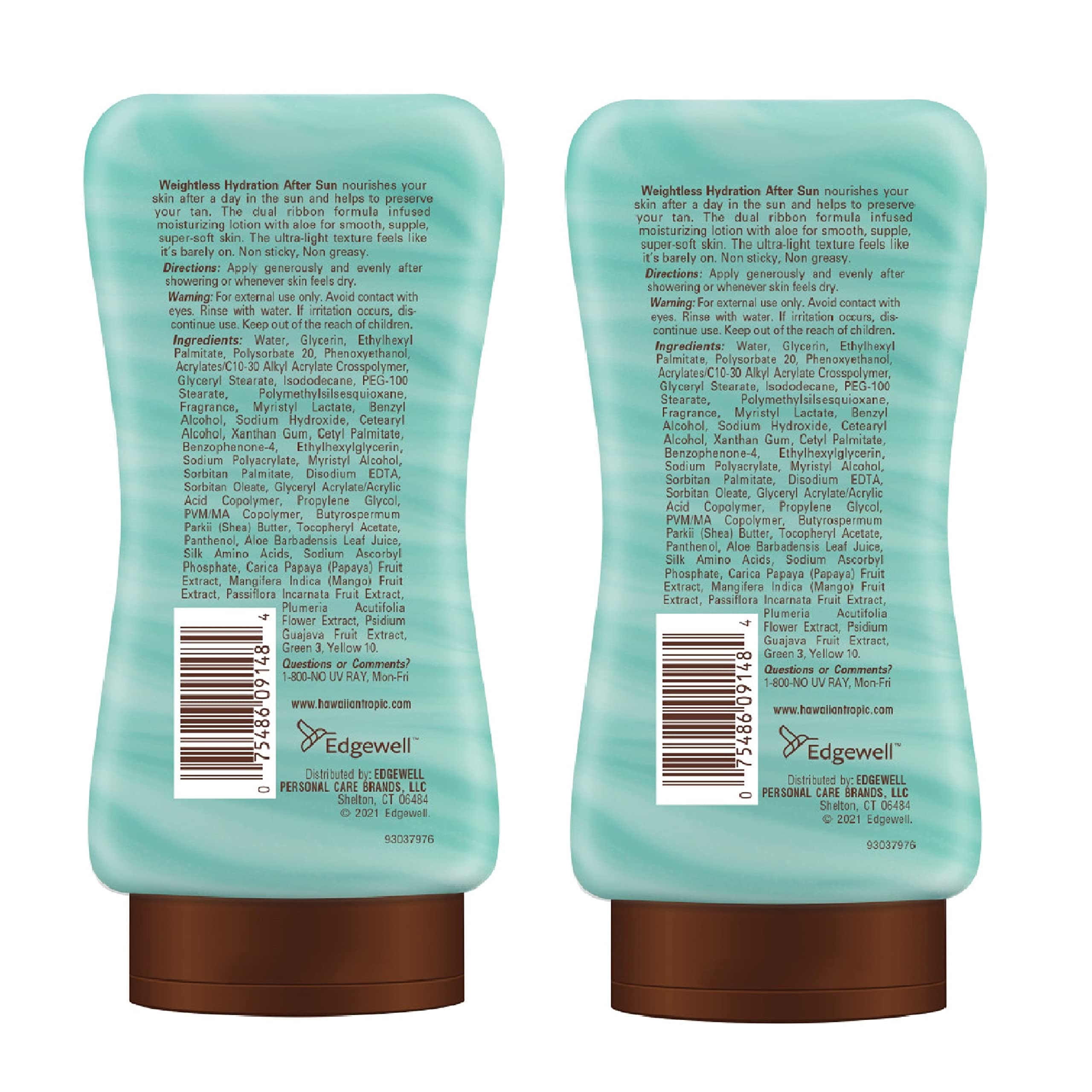Hawaiian Tropic after sun lotion bottles showing coconut and papaya label