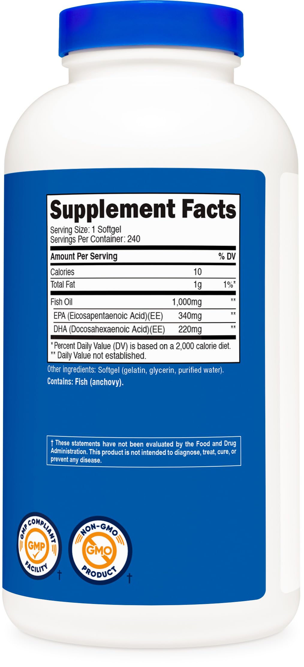 Authentic imported USA seal and premium quality manufacturing details on a bottle of Nutricost fish oil.