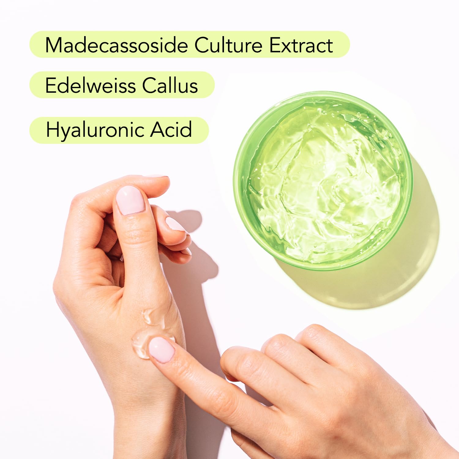 Miraclair aloe gel applied on hand for texture demonstration