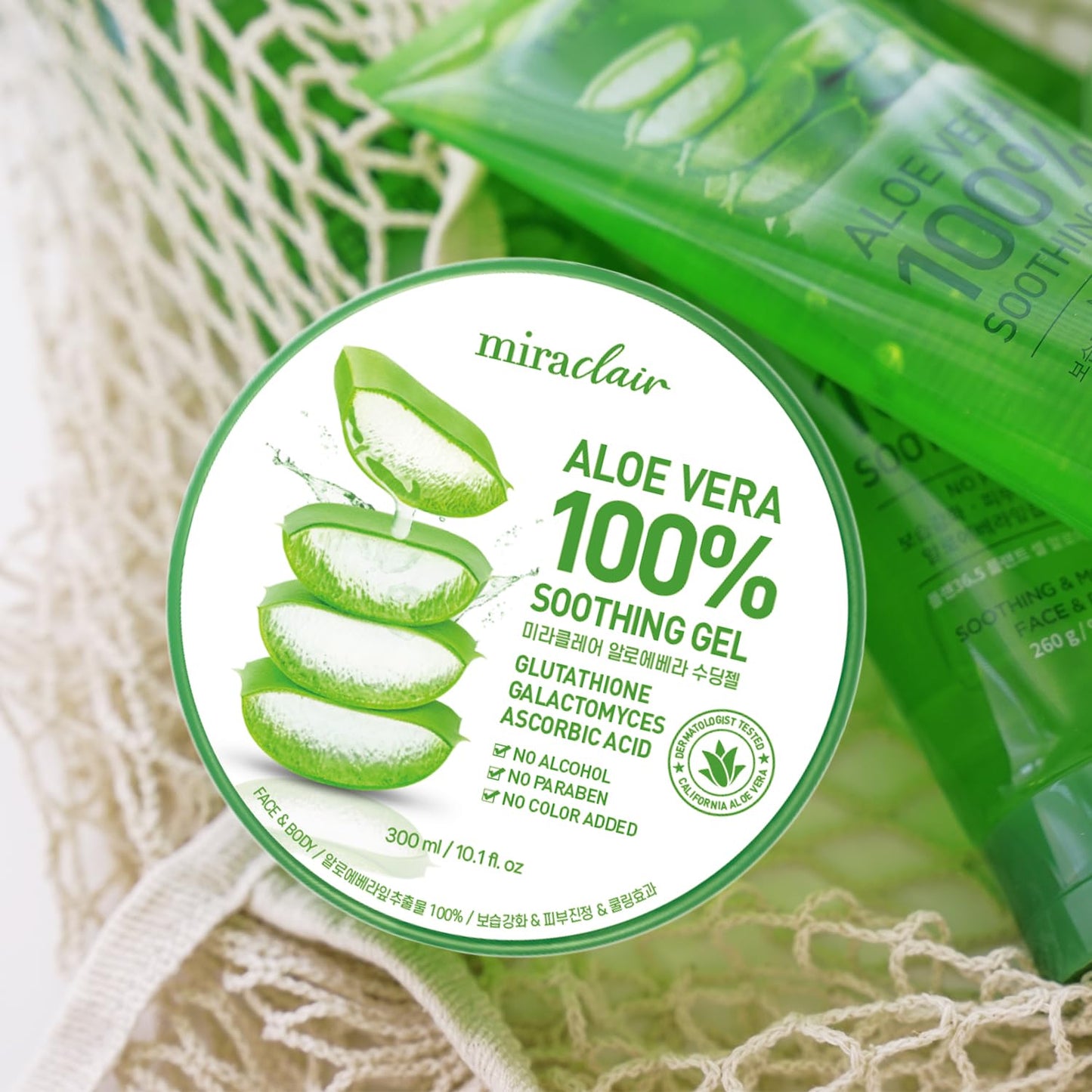 Side view of Miraclair 300ml aloe vera gel container
