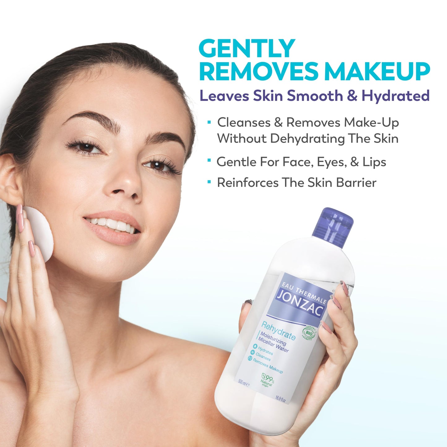 Natural eye and face makeup remover solution in a recycled plastic bottle