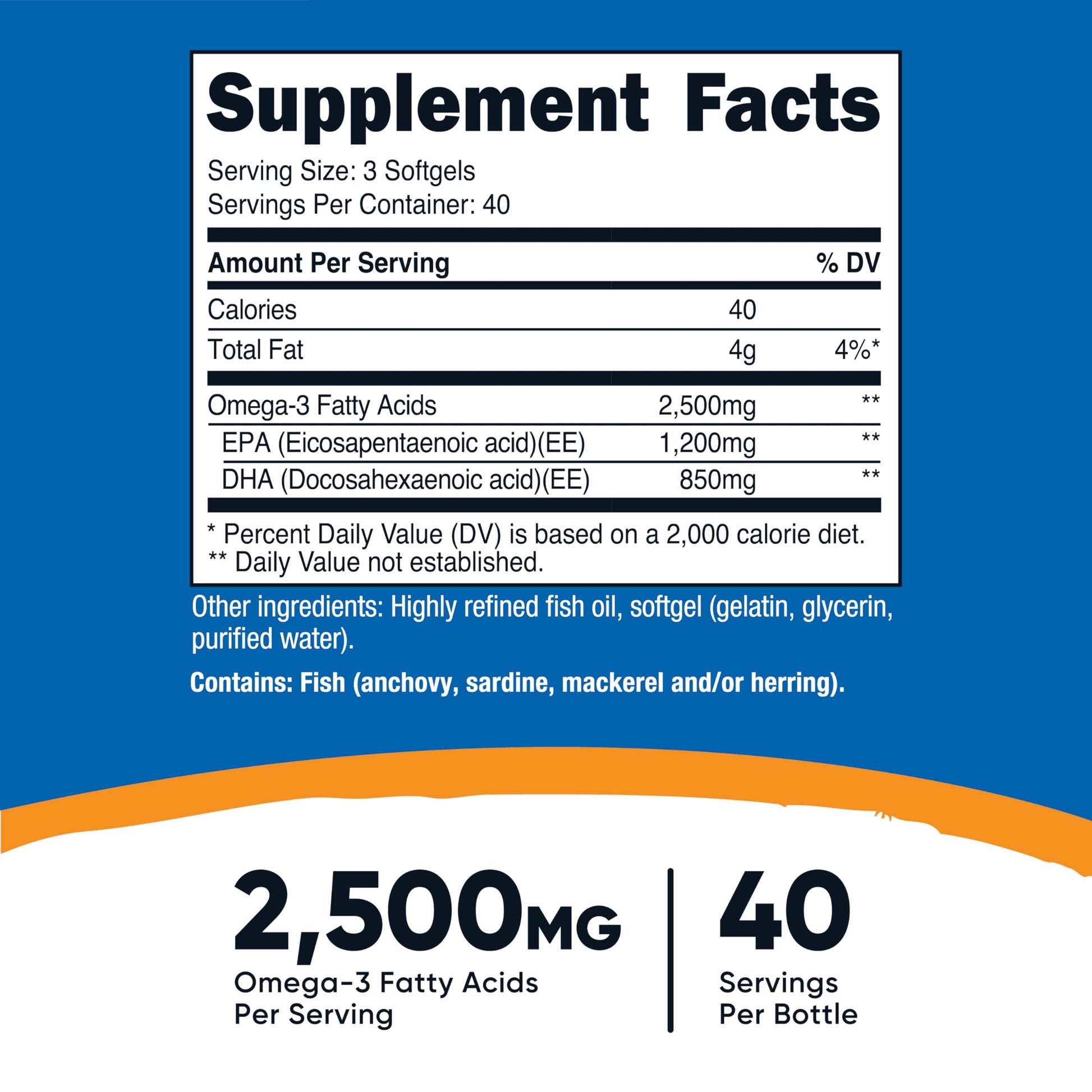Nutricost Omega 3 dietary supplement softgels container showing nutritional facts and EPA DHA dosage details