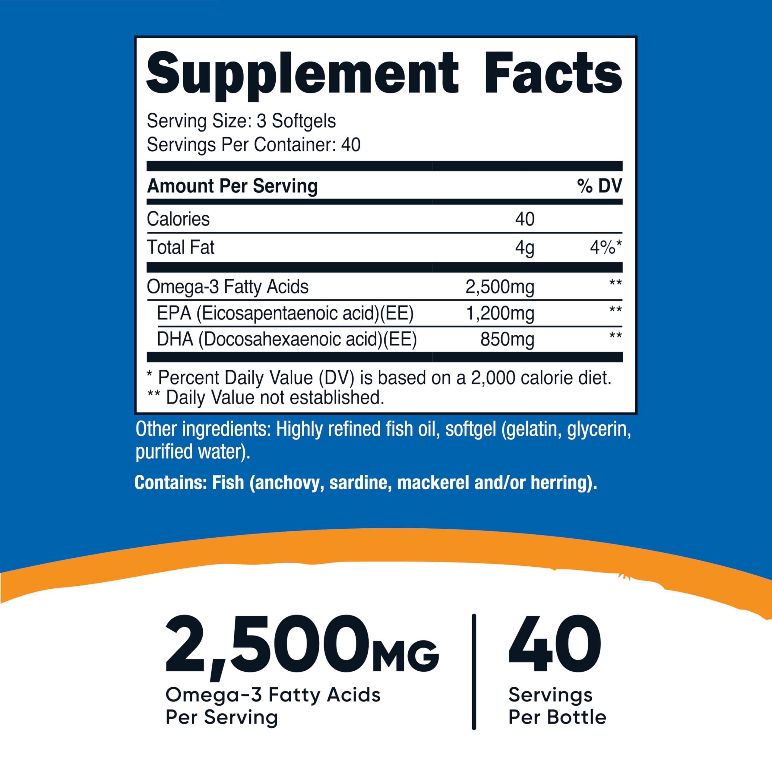 Nutricost Omega 3 dietary supplement softgels container showing nutritional facts and EPA DHA dosage details