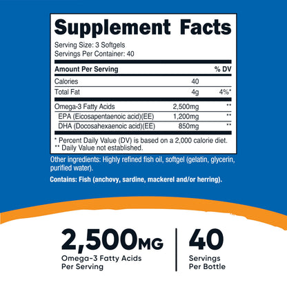 Nutricost Omega 3 dietary supplement softgels container showing nutritional facts and EPA DHA dosage details