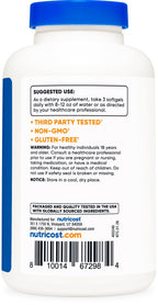 Nutricost Omega 3 fish oil bottle side profile with quality seals