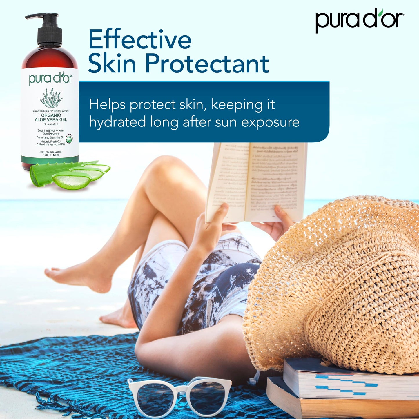 Pura D'or aloe vera gel applied on skin for hydration