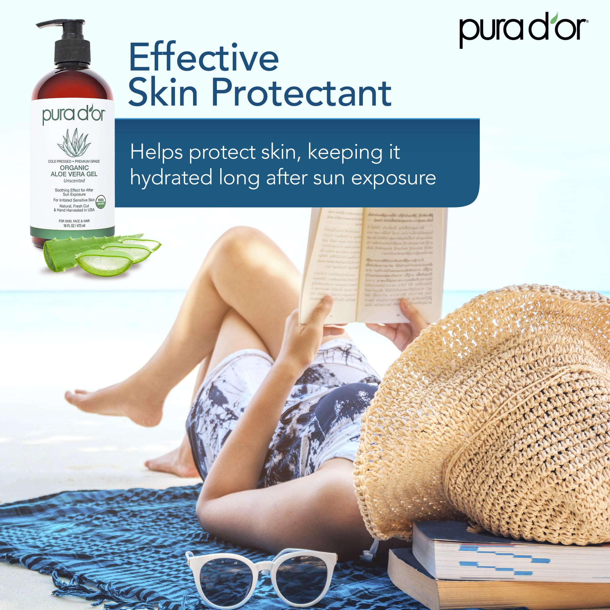 Pura D'or aloe vera gel applied on skin for hydration