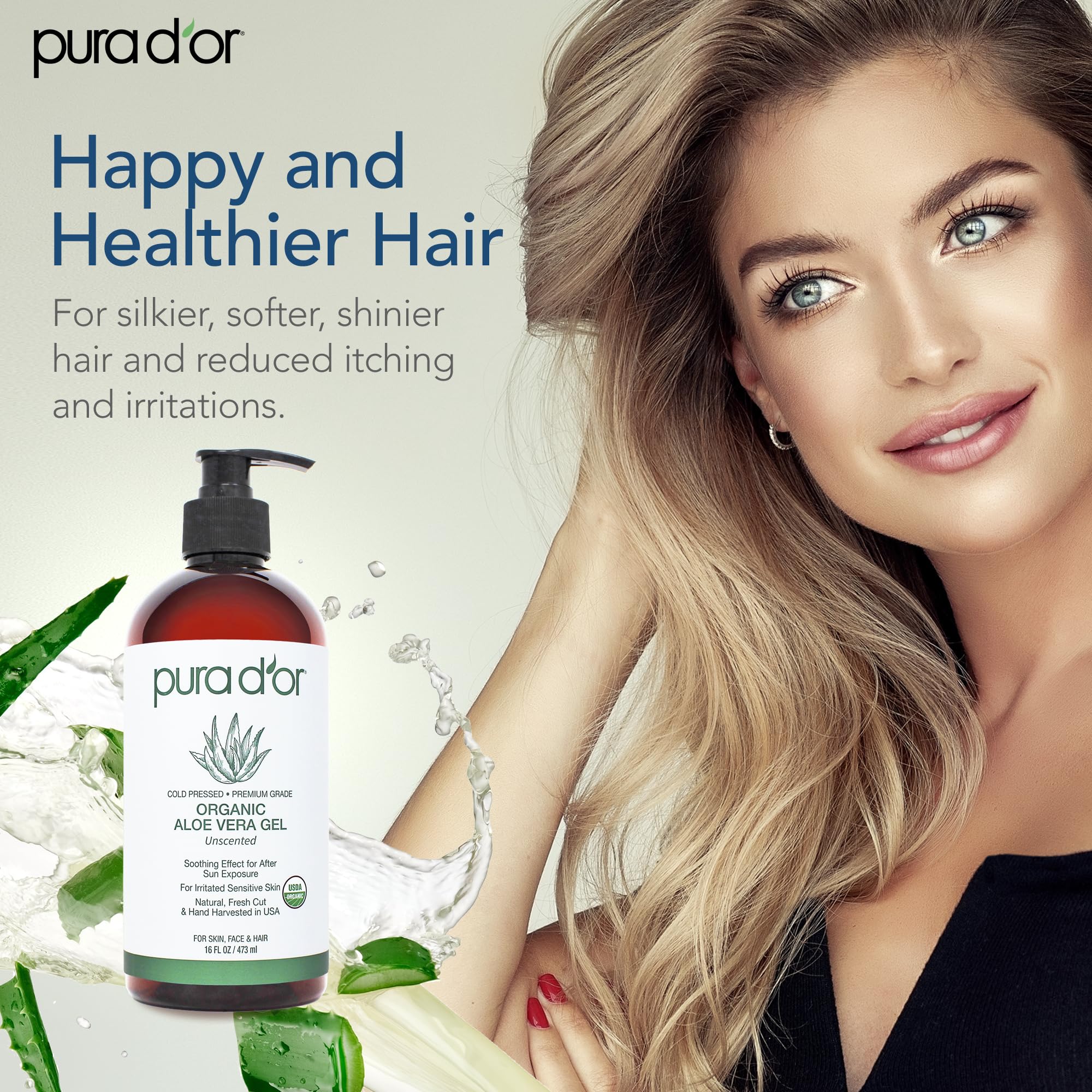 Pura D'or aloe vera gel being used for hair and scalp care