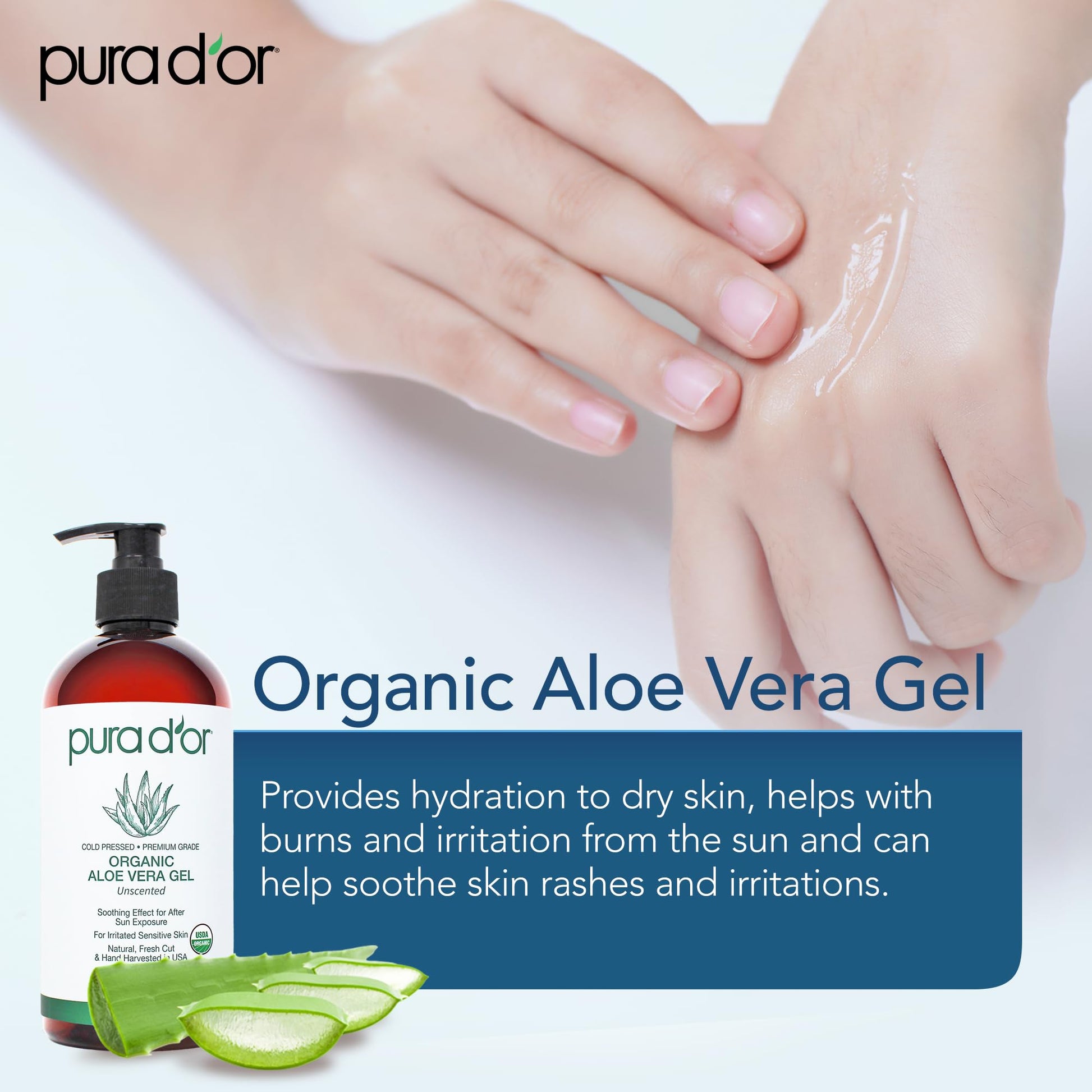 Close up of Pura D'or organic aloe vera gel 16 fluid ounce packaging