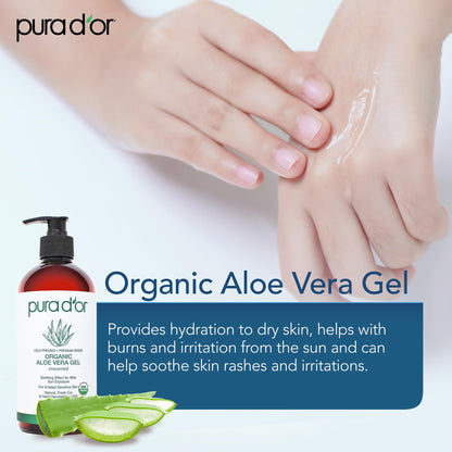 Close up of Pura D'or organic aloe vera gel 16 fluid ounce packaging