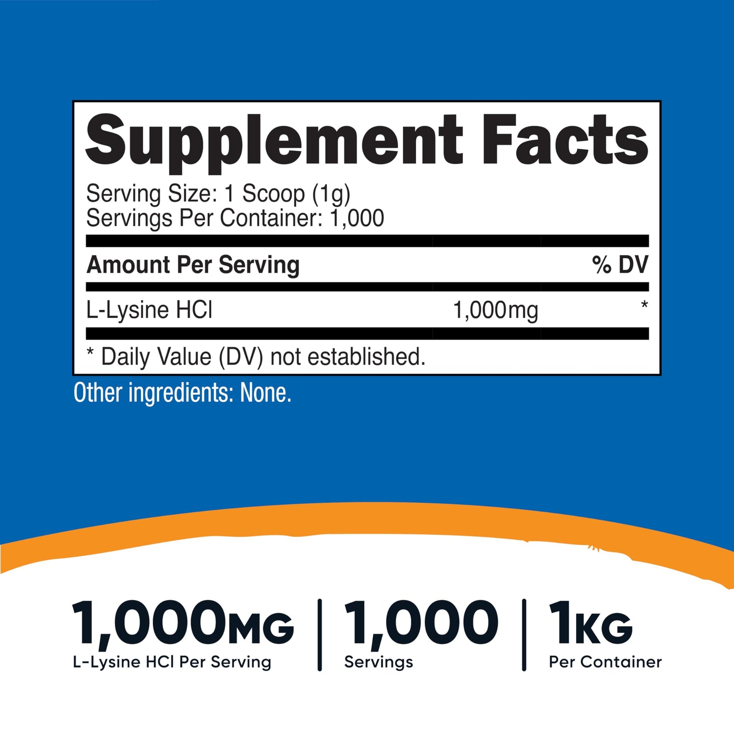 Nutricost pure L-Lysine supplement tub showing ingredient panel and serving facts