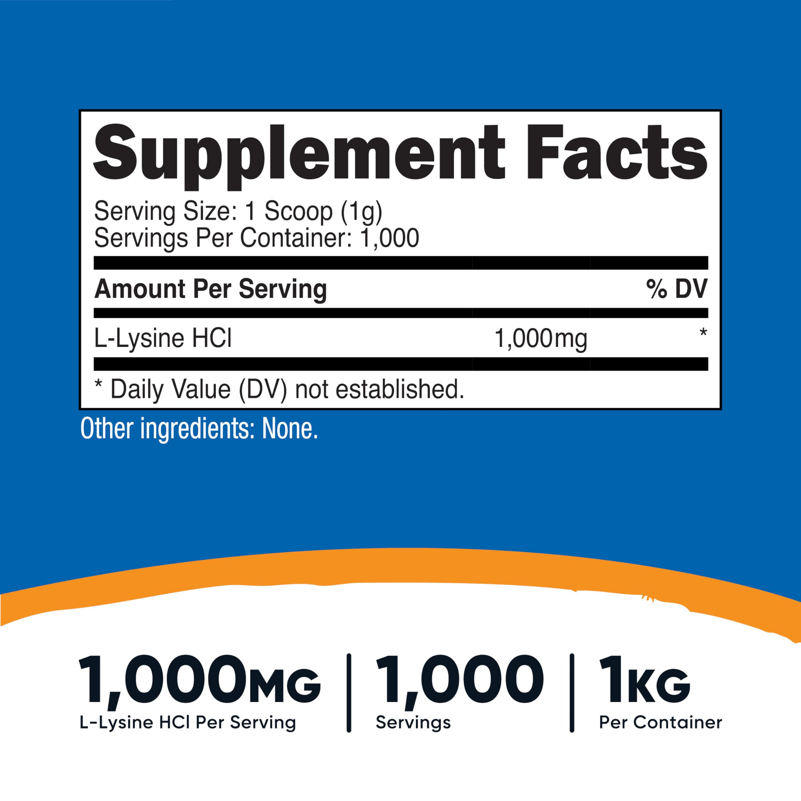 Nutricost pure L-Lysine supplement tub showing ingredient panel and serving facts