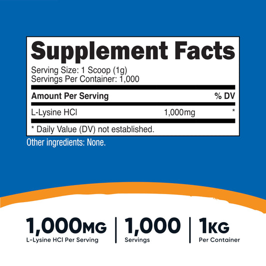 Nutricost pure L-Lysine supplement tub showing ingredient panel and serving facts