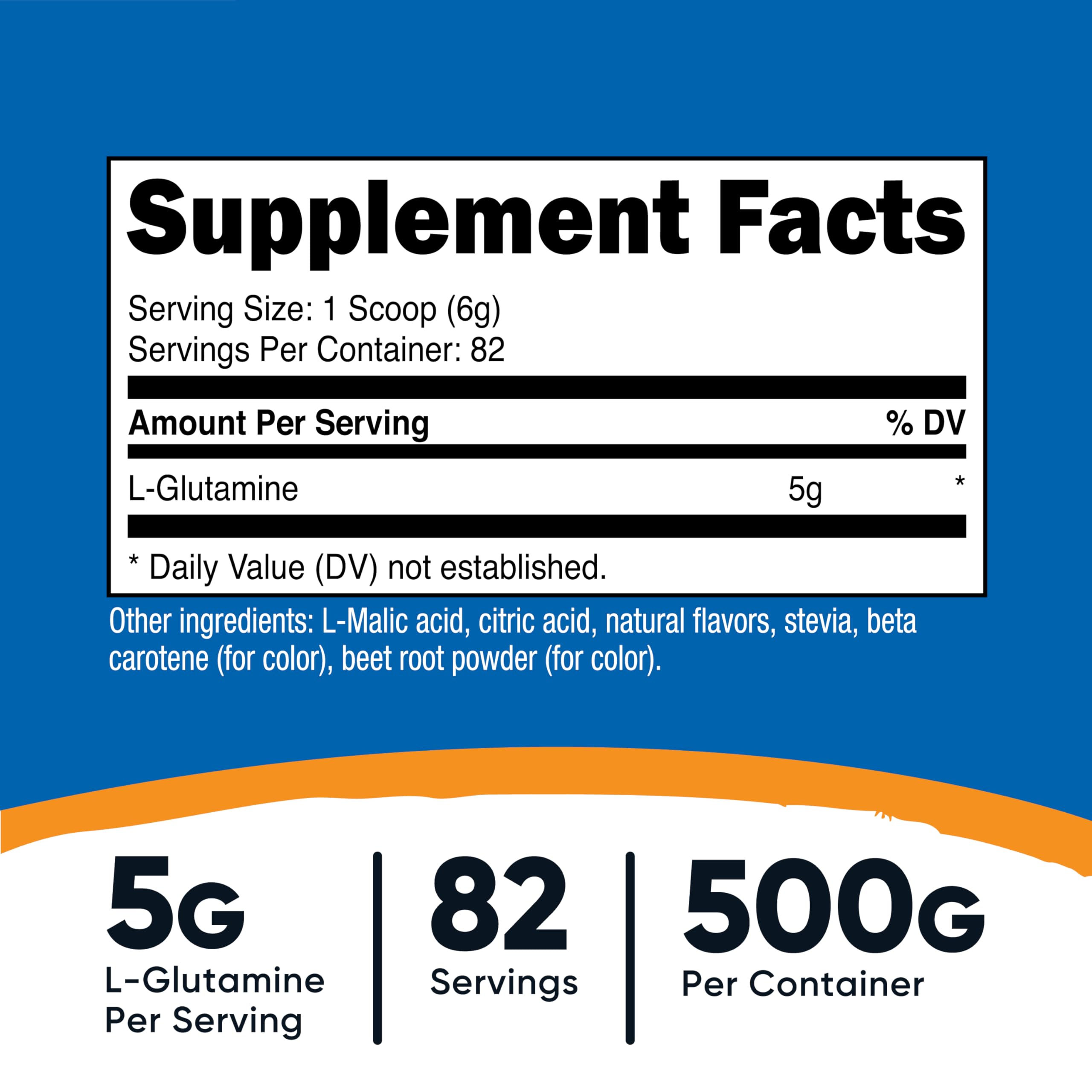 Nutricost sweetened with stevia L-Glutamine supplement nutritional facts label.