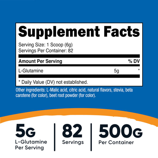 Nutricost sweetened with stevia L-Glutamine supplement nutritional facts label.