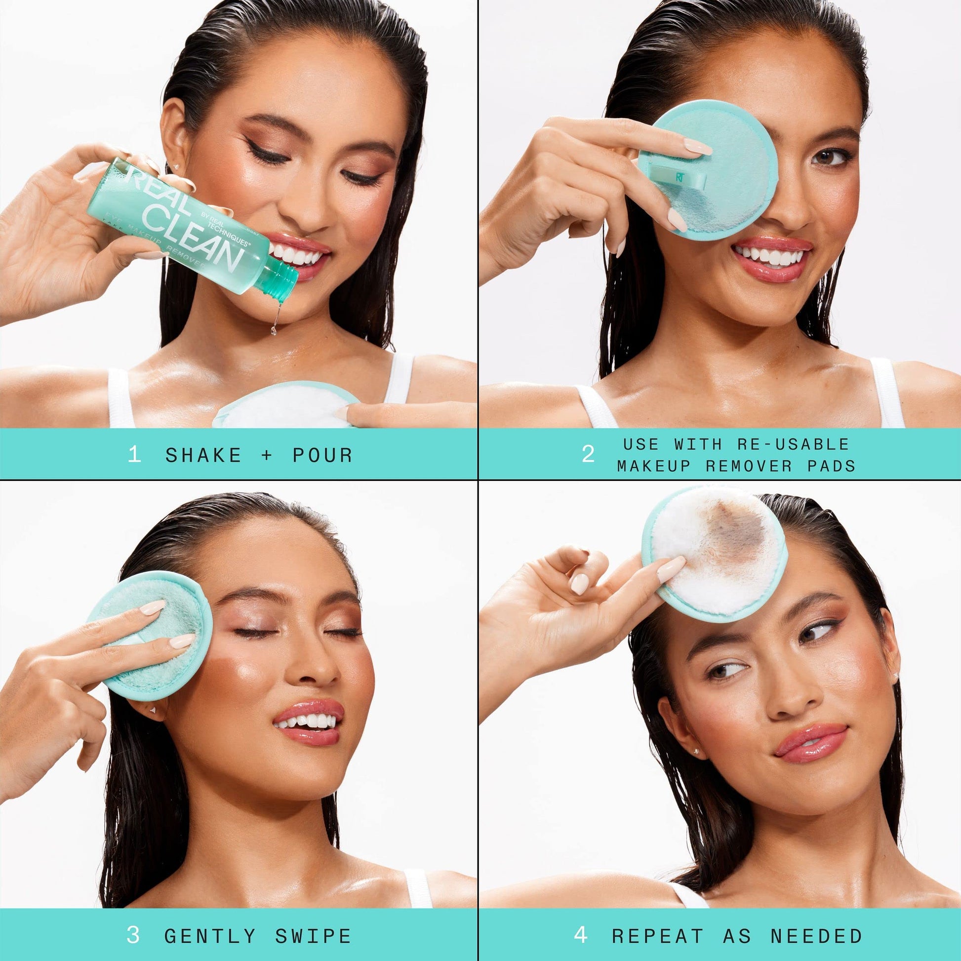 Authentic Real Techniques imported makeup remover being applied to cotton pad