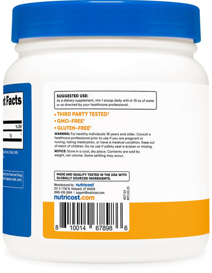 Gluten free non GMO vegetarian L-Glutamine powder container for muscle recovery.