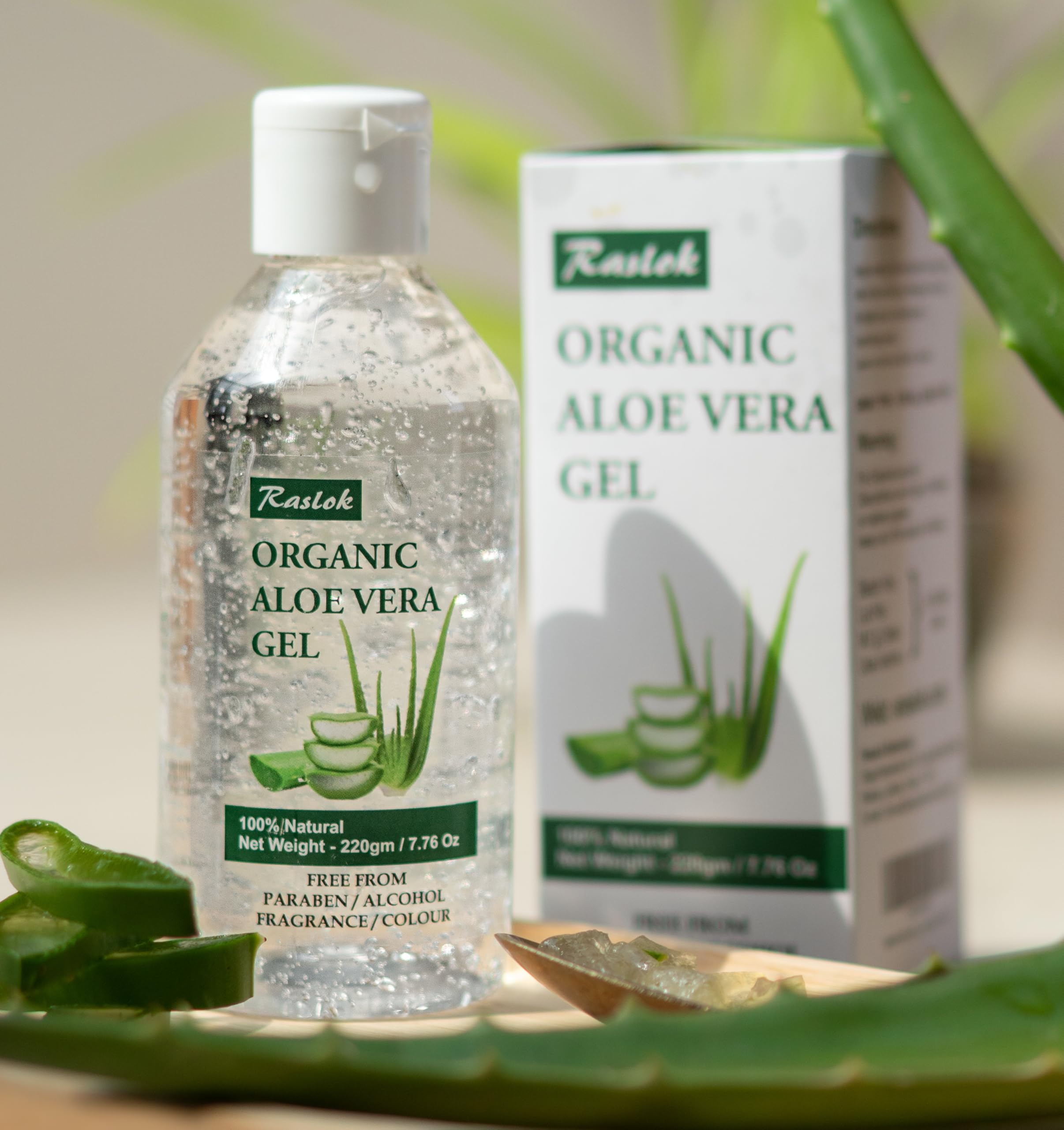 Raslok Aloe Vera Gel packaging showing 7.7 Fluid Ounce size