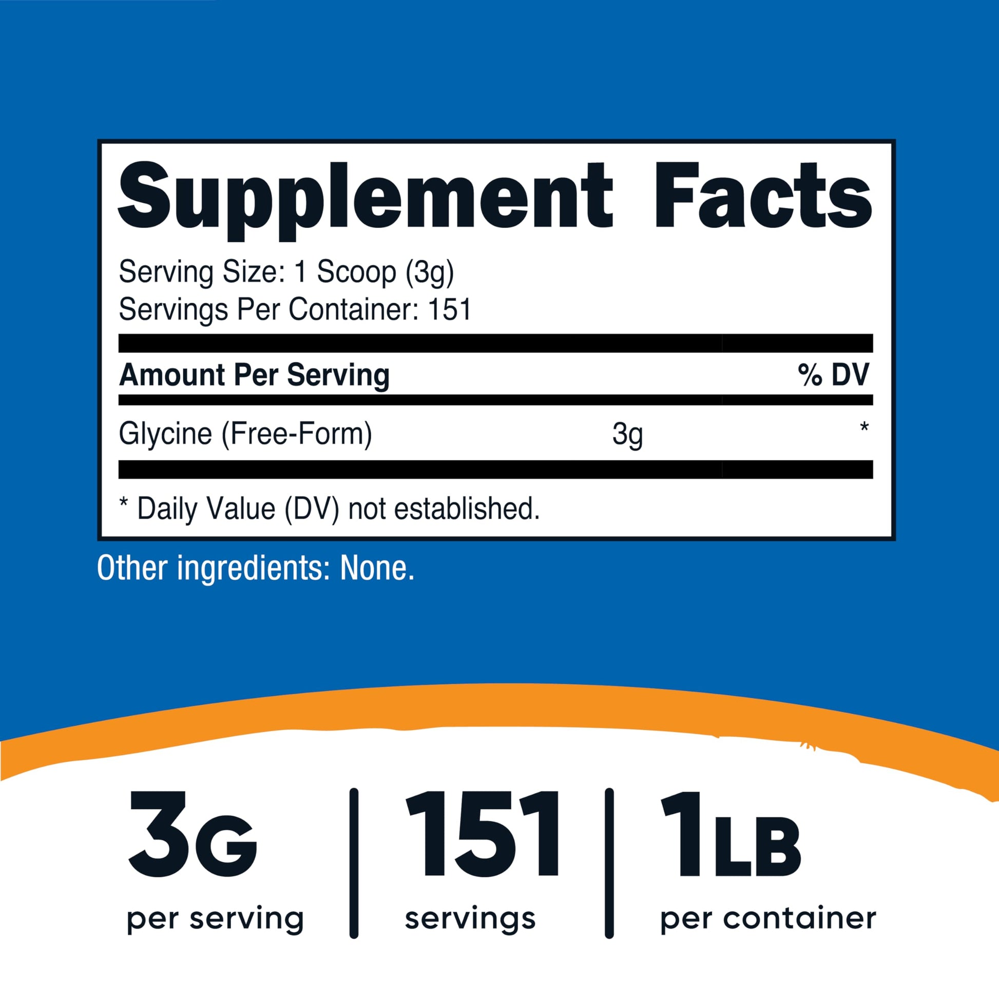 Nutricost Glycine Powder supplement facts label highlighting three grams per serving and non-GMO certification