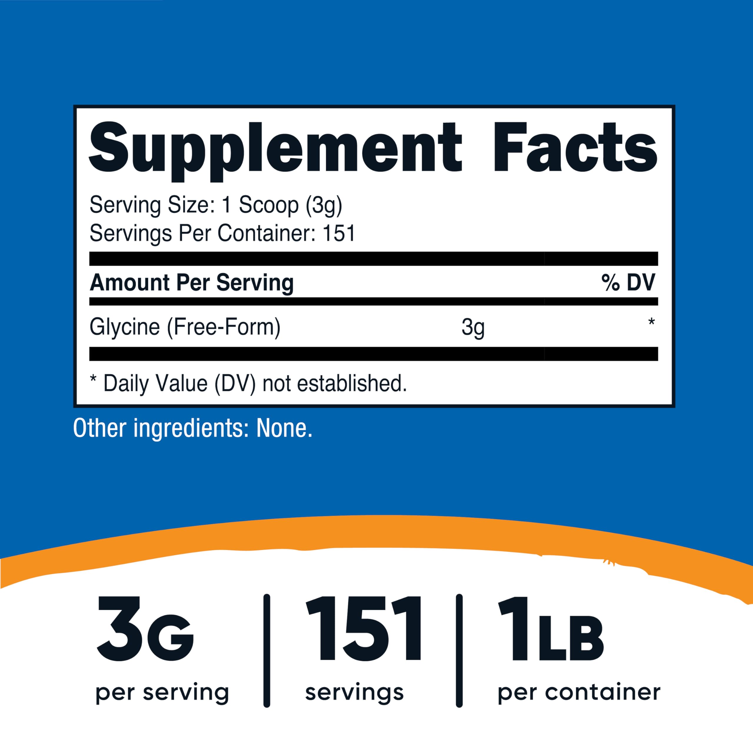 Nutricost Glycine Powder supplement facts label highlighting three grams per serving and non-GMO certification